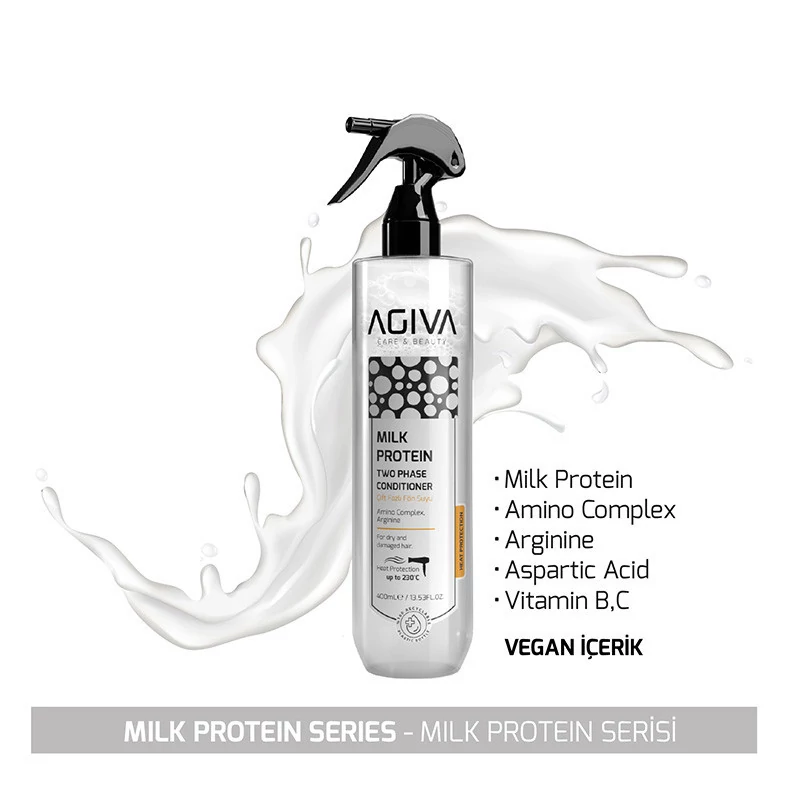 اسپری دوفاز پروتئین شیر آگیوا Agiva دارای محافظ حرارتی برای موهای خشک و آسیب دیده حجم 400 میل